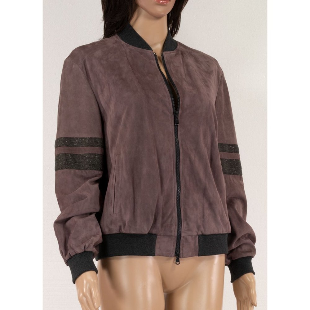 Brunello Cucinelli suede bomber jacket with monili stripes on sleeves - Picture 8 of 12